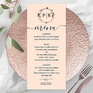 Peach Rose Monogramme Photo Mariage Menu Card