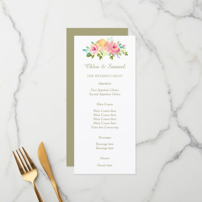 Peach rose roses sur le menu Mariage blanc (Devant/Arrière en situation)