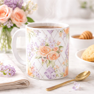 Peach Roses Lavender Cottagecore Floral Coffee Mug