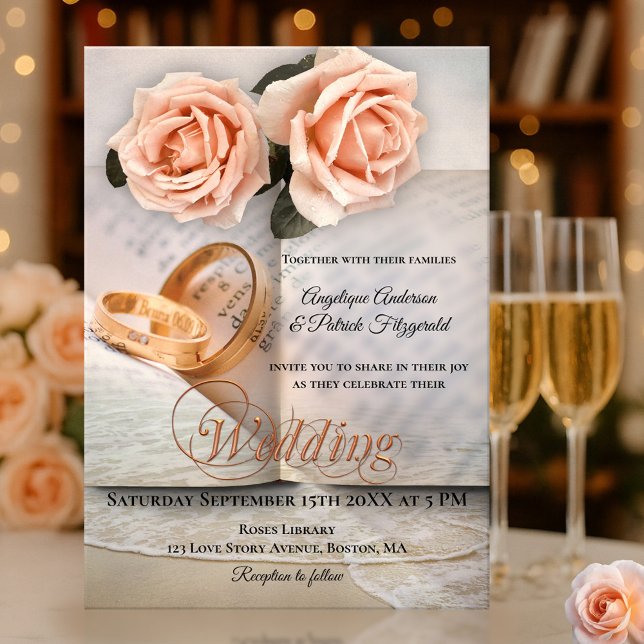 Peach Roses Love Story Faire-part de mariage livre (Wedding invitation featuring roses on a book and wedding band background with a soft beach overlay)