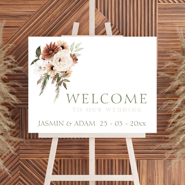 Peach Rustic Terracotta Green Floral Affiche de bi (Elegant Peach Green Floral Wedding Welcome Sign)