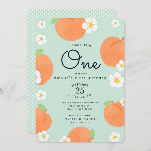 Peach Sweet to Be One 1st Birthday Invitation (Devant / Derrière)