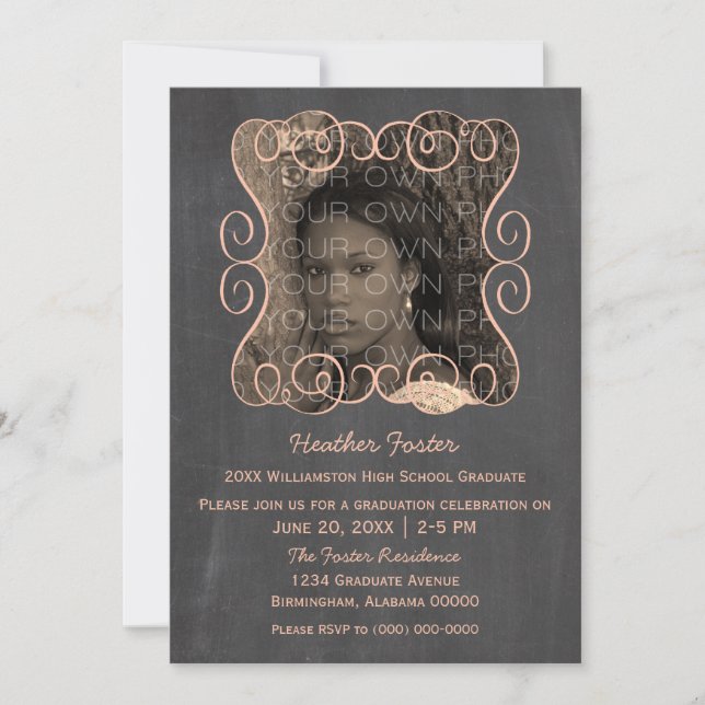 Peach Swirls Chalkboard Photo Invitation (Devant)