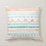 Peach Turquoise Mint Watercolor Coussin tribal<br><div class="desc">Chic aquarelle clair pêche corail,  vert menthe,  et bleu turquoise motif tribal avec triangles et cercles dessinés à la main.</div>