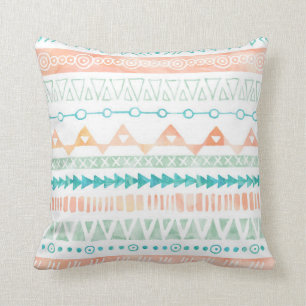 Peach Turquoise Mint Watercolor Coussin tribal