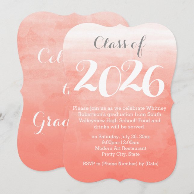 Peach Watercolor 2019 Graduation Party Invitation (Devant / Derrière)