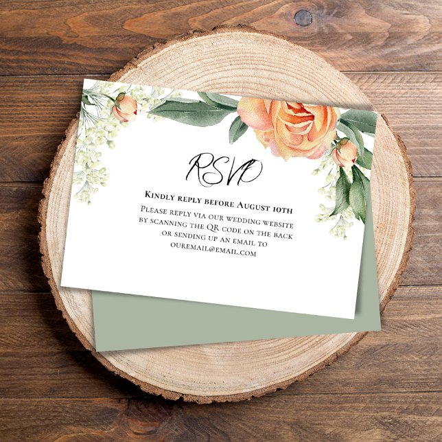 Peach Watercolor Floral QR Code RSVP (Wedding RSVP reply card with elegant watercolor peach floral. )