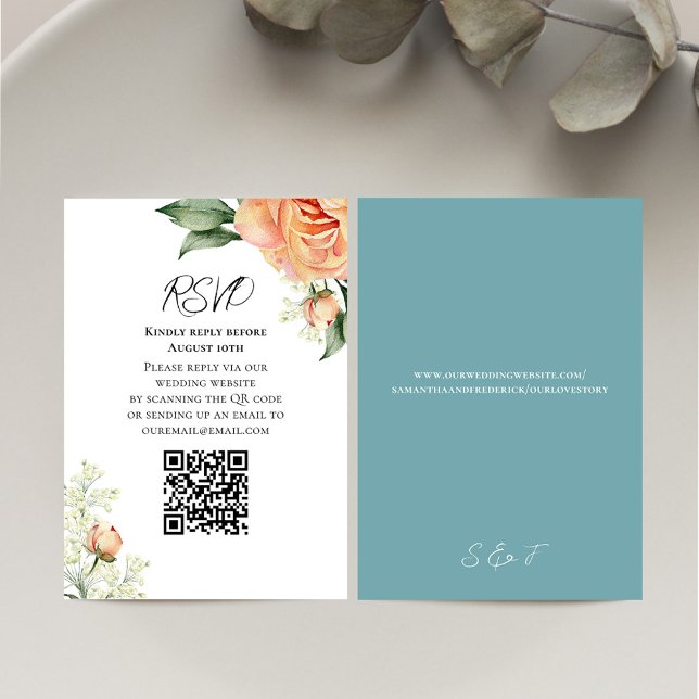 Peach Watercolor Floral QR Code RSVP Blue (Elegant wedding RSVP card with watercolor peach floral design.)
