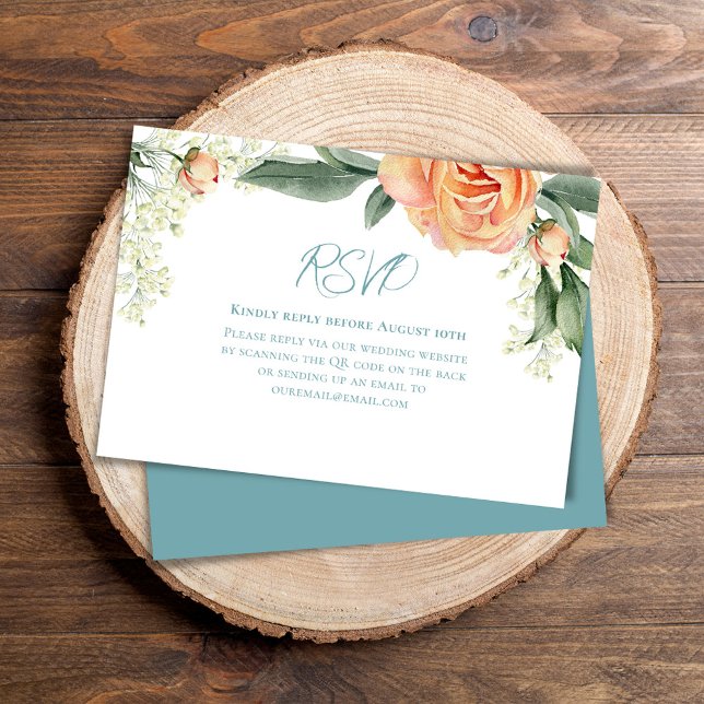Peach Watercolor Floral QR Code RSVP Blue (Wedding RSVP reply card with elegant watercolor peach floral. )