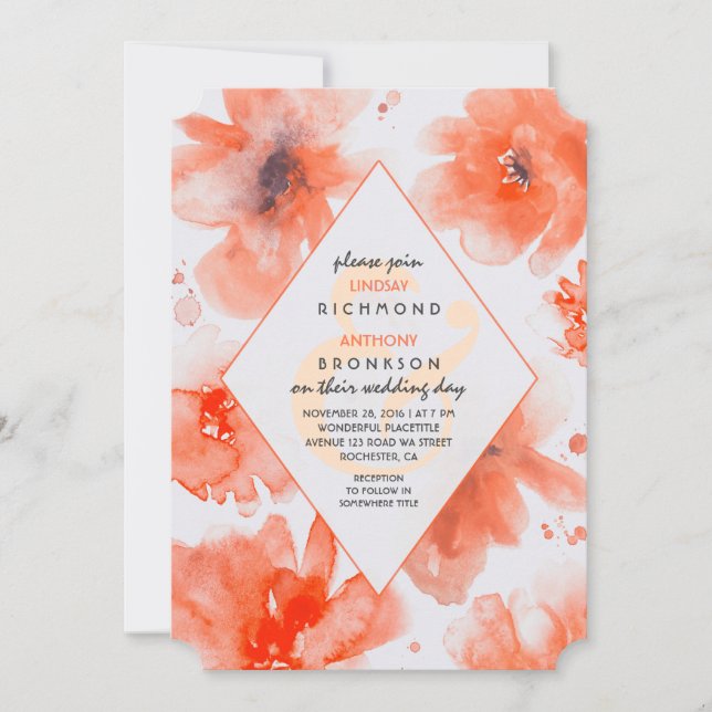 Peach Watercolor Flowers Faire-part de mariage mod (Devant)