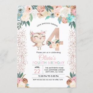 Peachy Owl Invitation du quatrième anniversaire