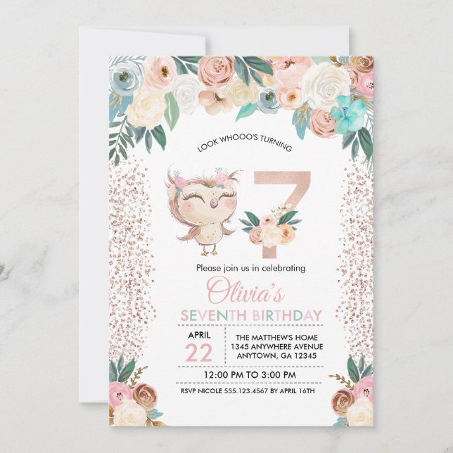 Peachy Owl Invitation du septième anniversaire (Devant)