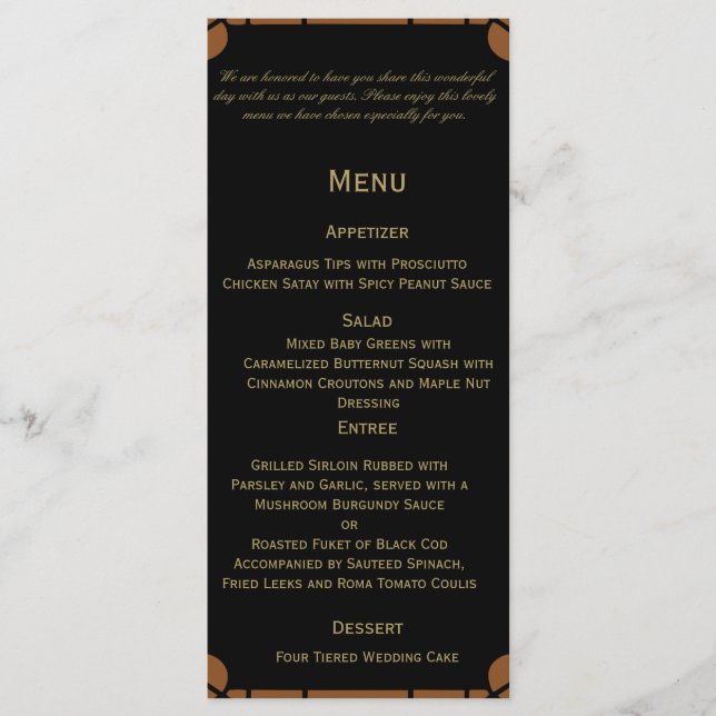 Peacock Art Déco Bronze et menu Mariage Floral (Devant)