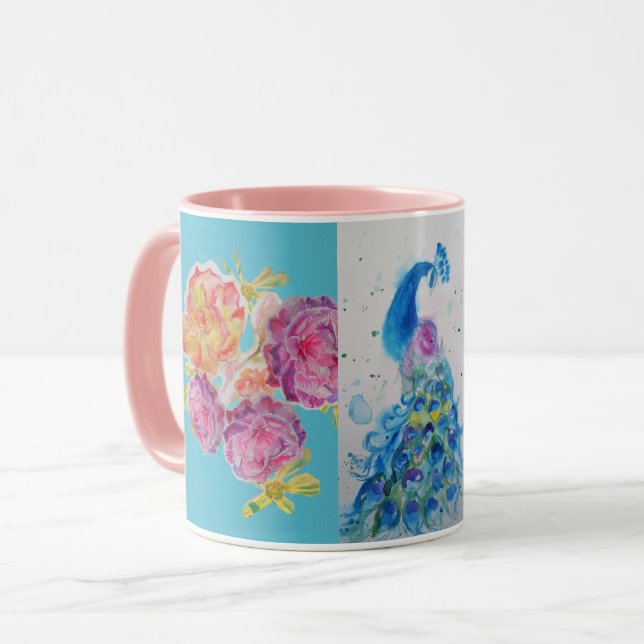 Peacock bleu aquarelle peinture Aqua Rose Mug (Devant gauche)