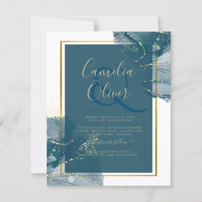 Peacock Blue Gold Alcohol ENK Chic Wedding Invitat (Devant)