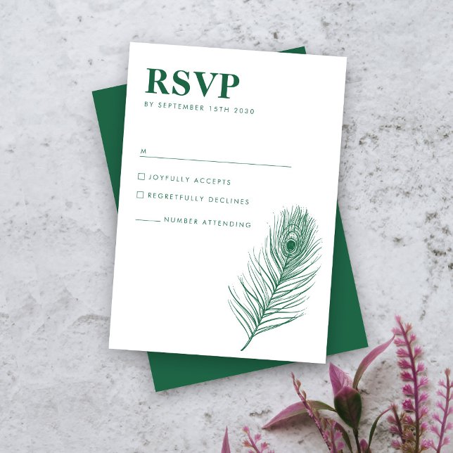 Peacock Feather Minimal Green Wedding Carte RSVP (Créateur téléchargé)