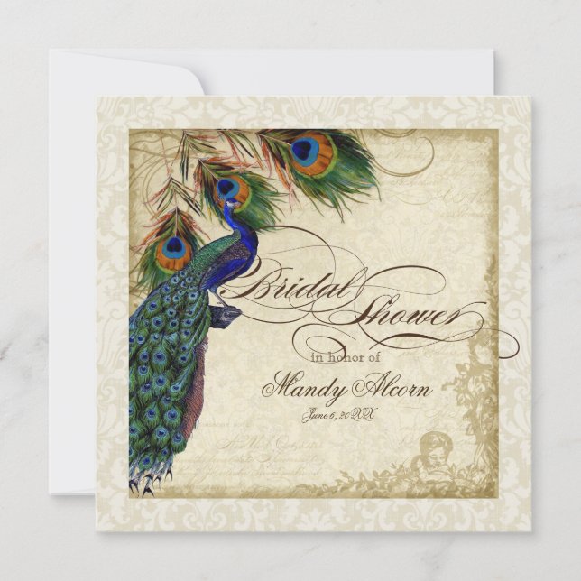 Peacock & Feathers Fête des mariées Invitation Cre (Devant)