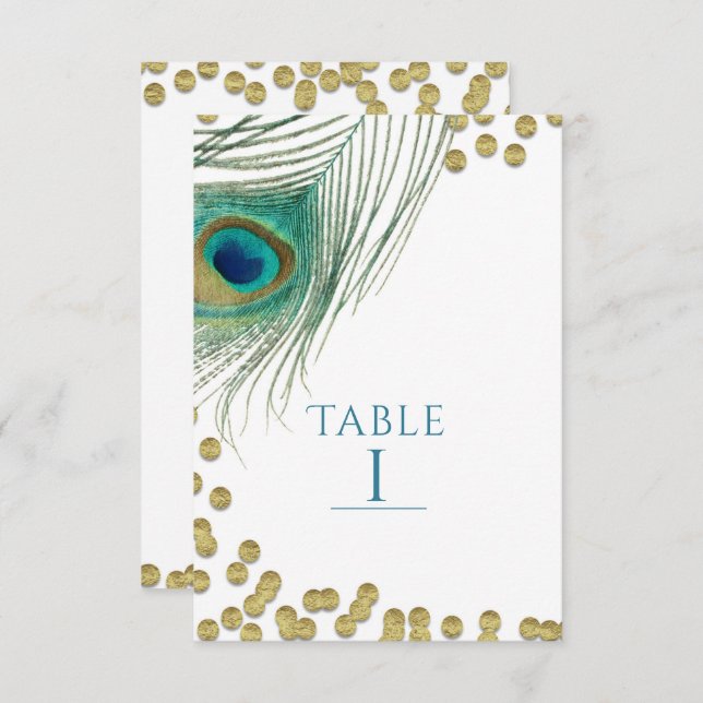 Peacock Feathers & Gold Boho Glam Numéro de table (Devant / Derrière)