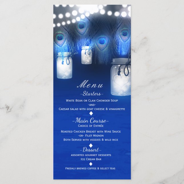 Peacock Feathers, Mason Jar & String Lights Menu (Devant)