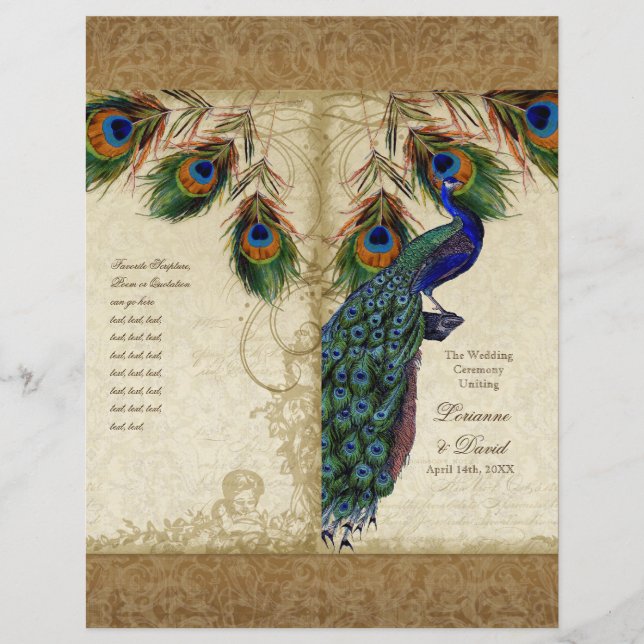 Peacock & Feathers Vintage Gold Look Damask Swirl (Devant)