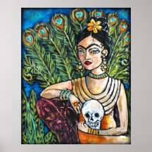 Peacock Frida Kahlo and Skull Poster