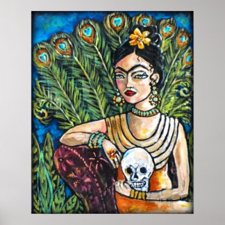 Peacock Frida Kahlo and Skull Poster