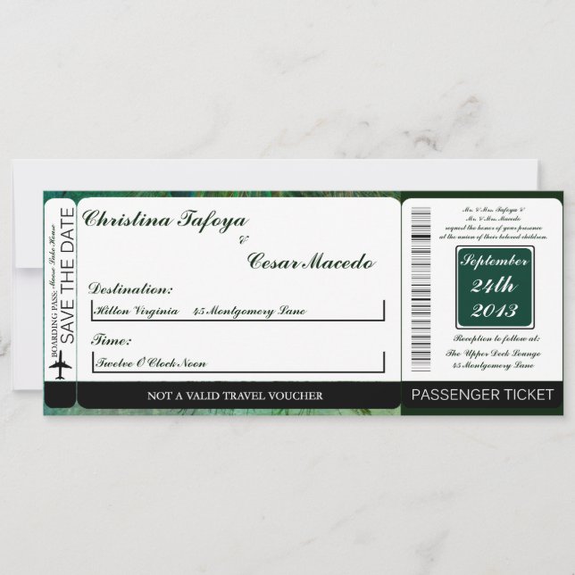 Peacock Green Boarding Pass Faire-part de mariage (Devant)