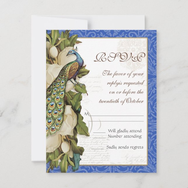 Peacock Magnolia Floral Swirl Mariage damassé RSVP (Devant)