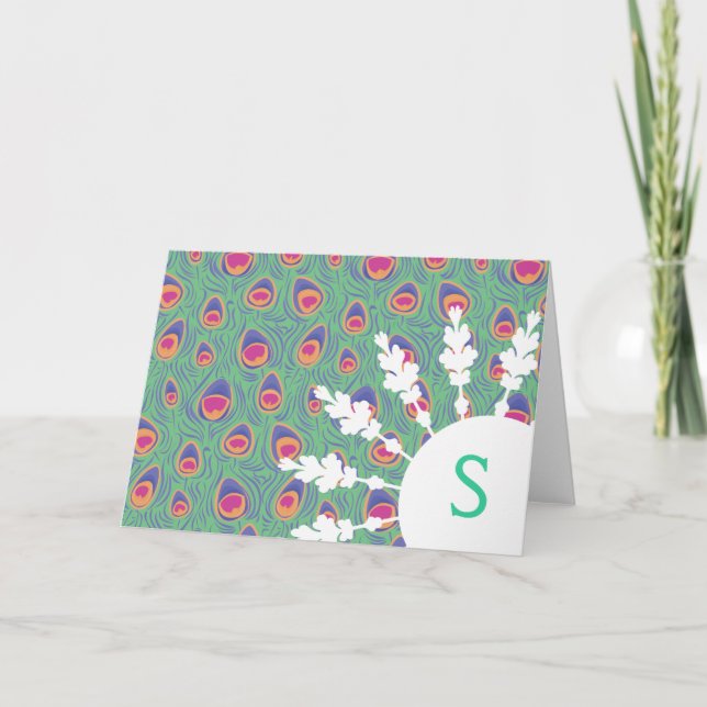 Peacock monogram or thank you stationery card (Devant)