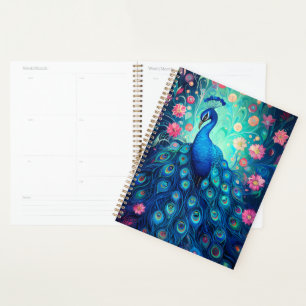 Peacock - Plumes d'Aqua Vert Bleu & Fleurs Roses