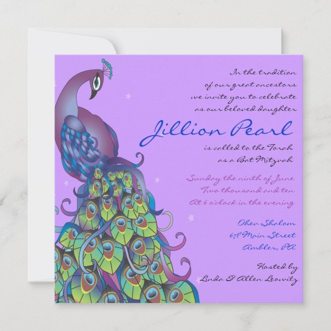Peacock Thème Bat mitzvah Invitation Invitation Vi (Devant)