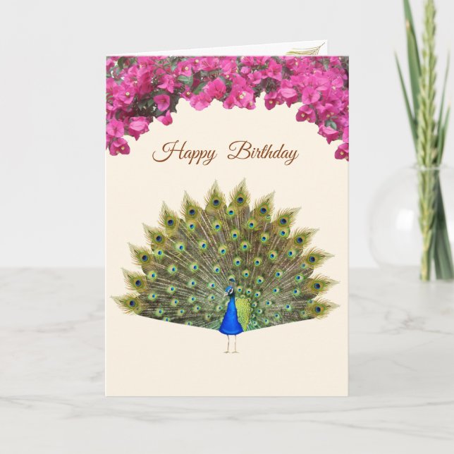 Peacock & Tropical Flowers on Ivory Birthday (Devant)