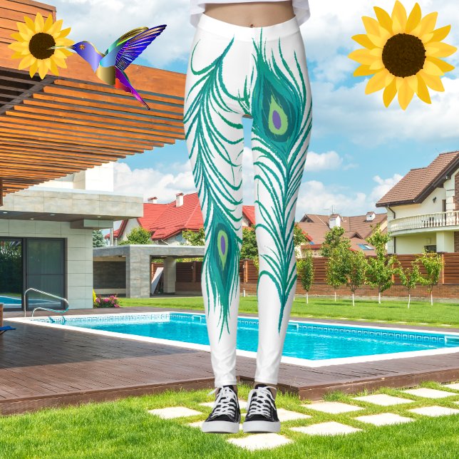 Peacock Turquoise moderne plumes Leggings blancs (Créateur téléchargé)