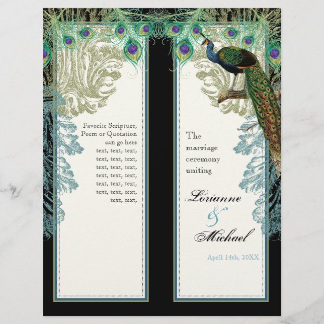 Peacock vintage, Plumes - Programme de mariage (Devant)
