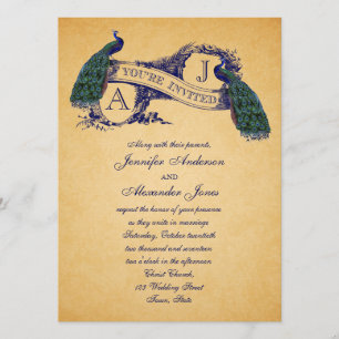 Peacock Vintage Wedding Invitation   Bleu