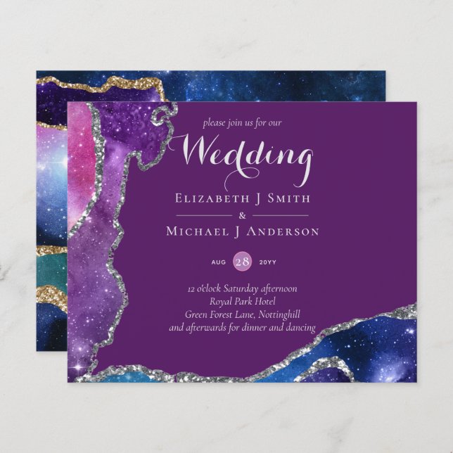 Peacock Violet Blue Agate Mariage Inviter BUDGET (Devant / Derrière)