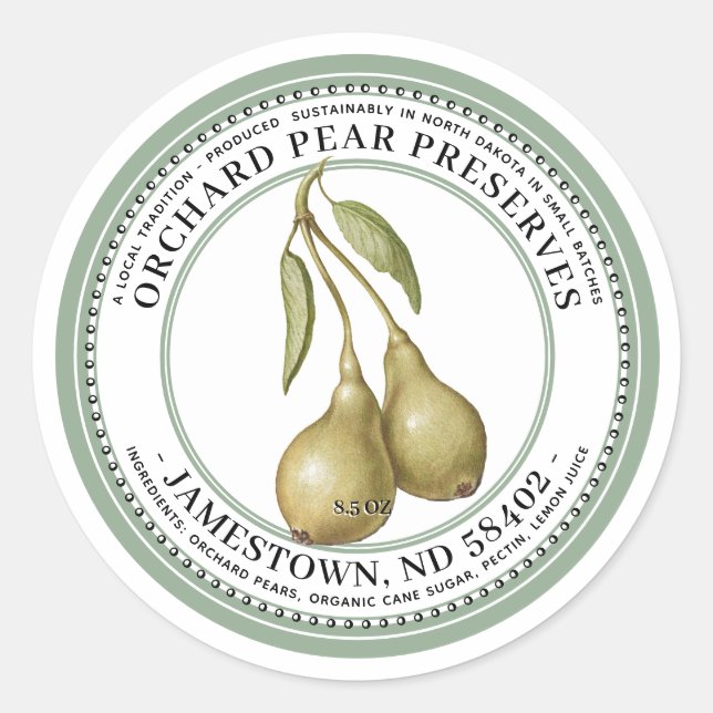 Pear Preserve Étiquette Jam Jelly 1930 Vert (Devant)