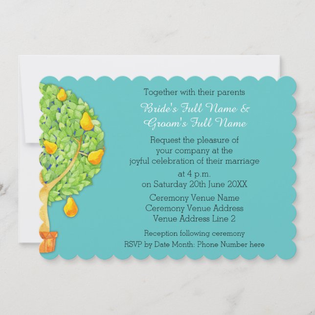 Pear Tree turquoise Scalloped 5x7" Faire-part de m (Devant)