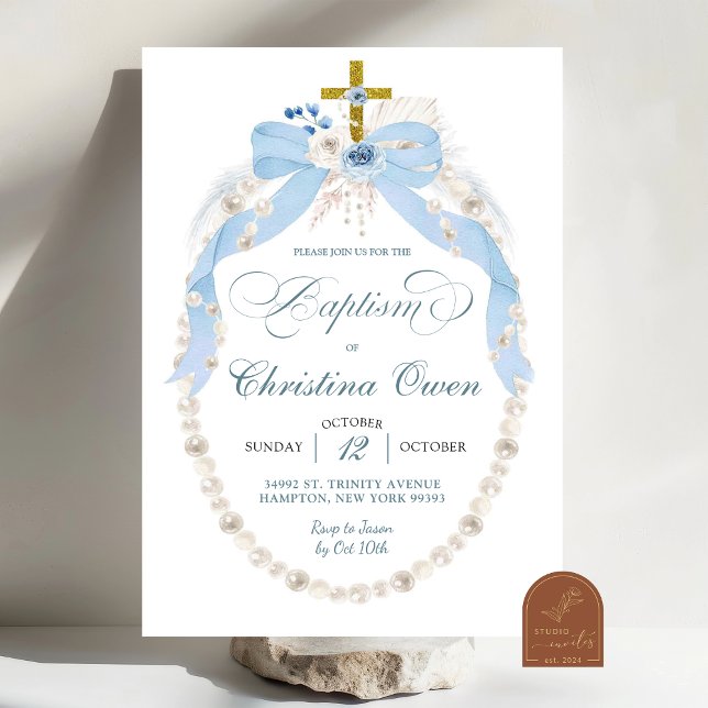 Pearl Boho Blue Floral Boy Baptême Invitation (Créateur téléchargé)