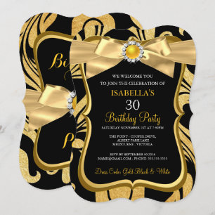 Pearl Gold Bow Black Damask Invitation d'anniversa