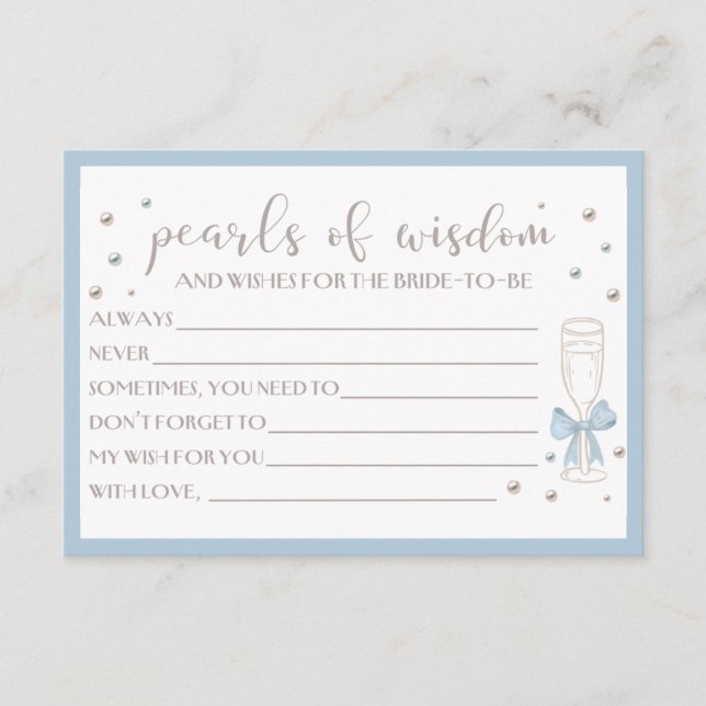 Pearls and Prosecco Blue Bow Bridal Shower Card (Devant)