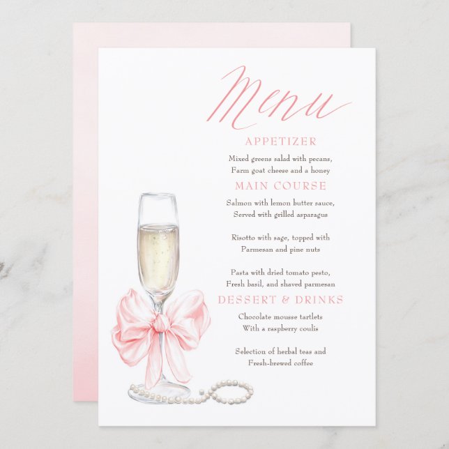 Pearls and Prosecco Whimsical Chic Menu Cards (Devant / Derrière)