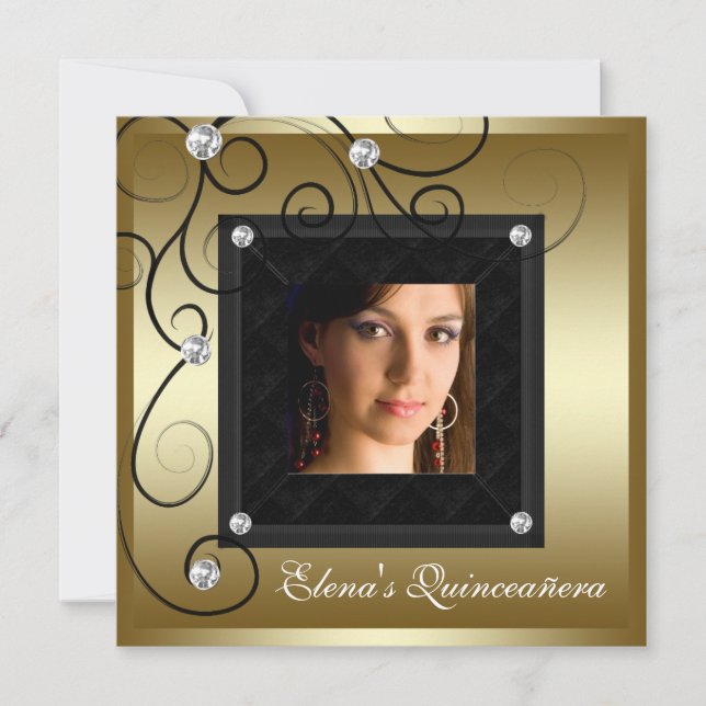 Pearls Black Gold Photo Quinceanera Invitations (Devant)