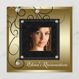 Pearls Black Gold Photo Quinceanera Invitations