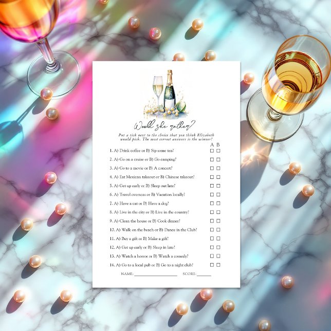Pearls et Prosecco Voudrait-elle plaire? Jeu nupti (Pearls and Prosecco Would She Rather? Bridal Shower Game)
