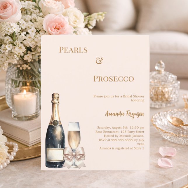 Pearls Prosecco blush bow Bridal Shower invitation (Créateur téléchargé)