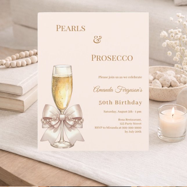 Pearls Prosecco ivory bow birthday invitation (Créateur téléchargé)