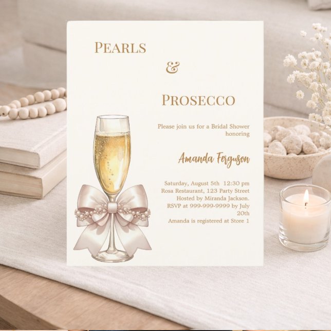 Pearls Prosecco ivory bow Bridal Shower invitation (Créateur téléchargé)