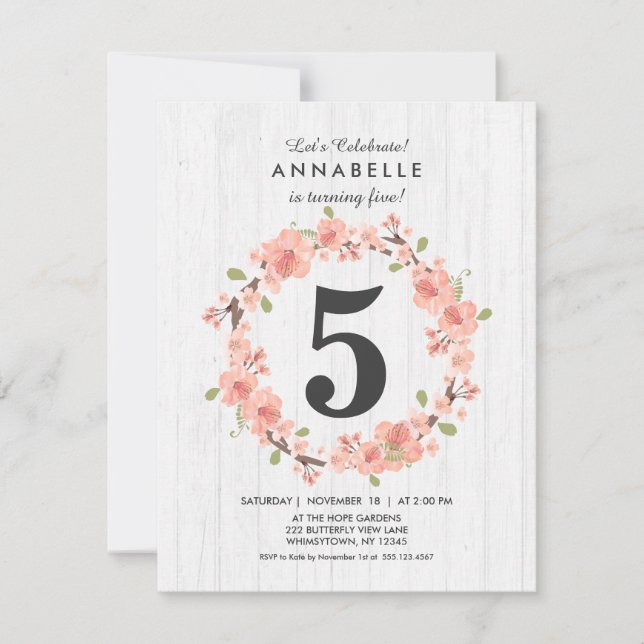 Pêche au bois blanc Floral Invitation de fête d'an (Devant)