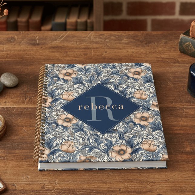 Pêche Bleu Floral William Morris Élégant Monogramm (Créateur téléchargé)